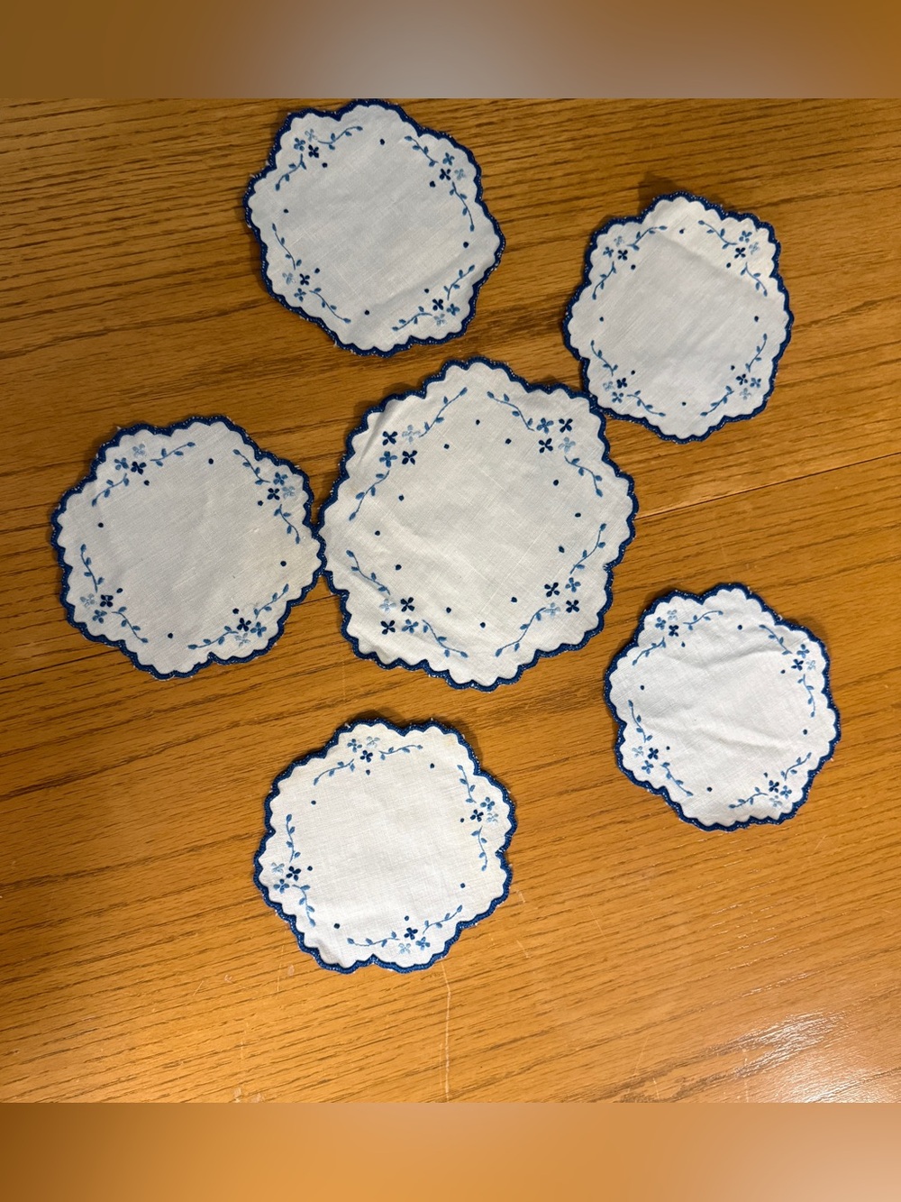 Vintage Embroidered Linen Coaster Cocktail Napkin 6pc Set